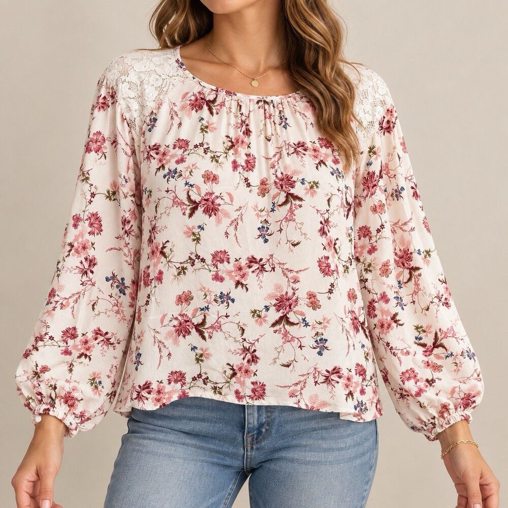 Floral Lace Yoke Peasant Blouse Cottagecore Boho Balloon Sleeve - Size Small